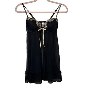 Sm Inner Secrets Sheer Black Nightie Gold Floral Embroidered Coquette Whimsigoth